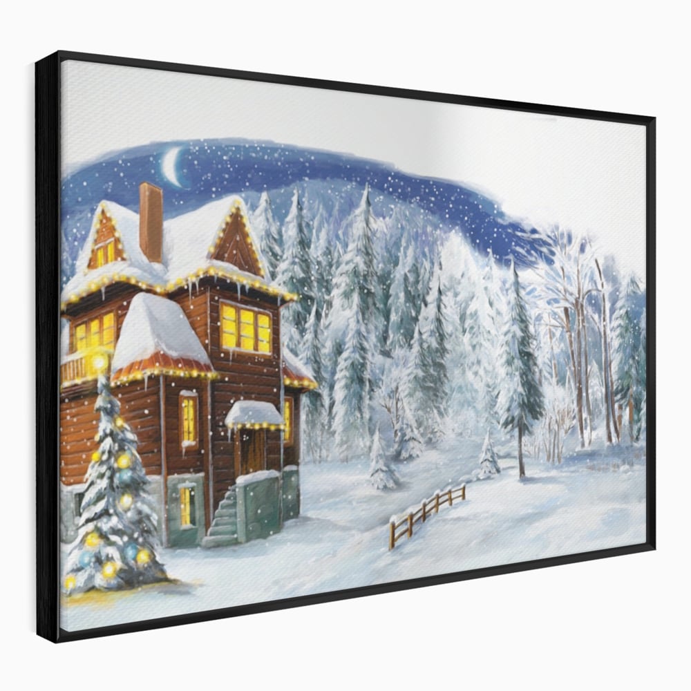 Tablou canvas cu tablou canvas cu peisaj de iarna, in rama de aluminiu negru